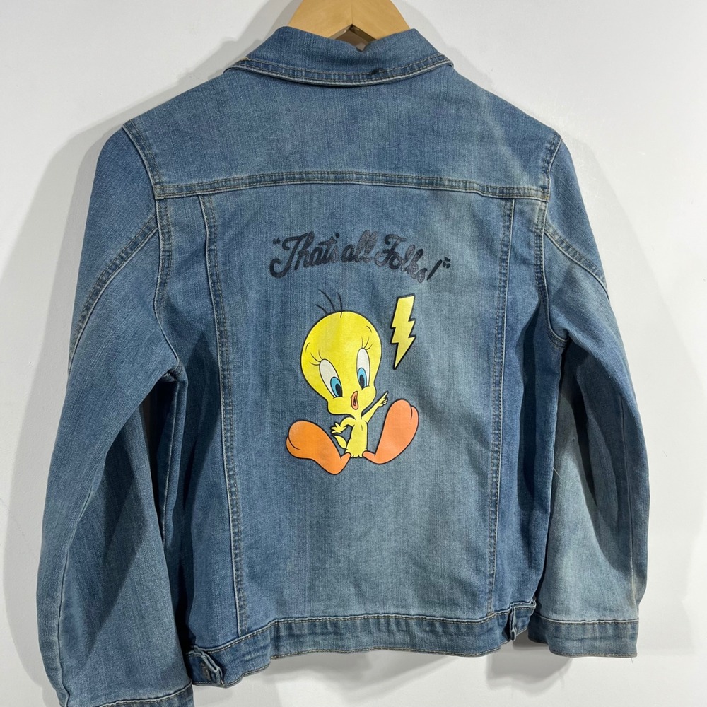 Looney Tunes Retro Tweety Bird Denim Jacket Kids XL 14/16 Blue Jean Vintage 90s